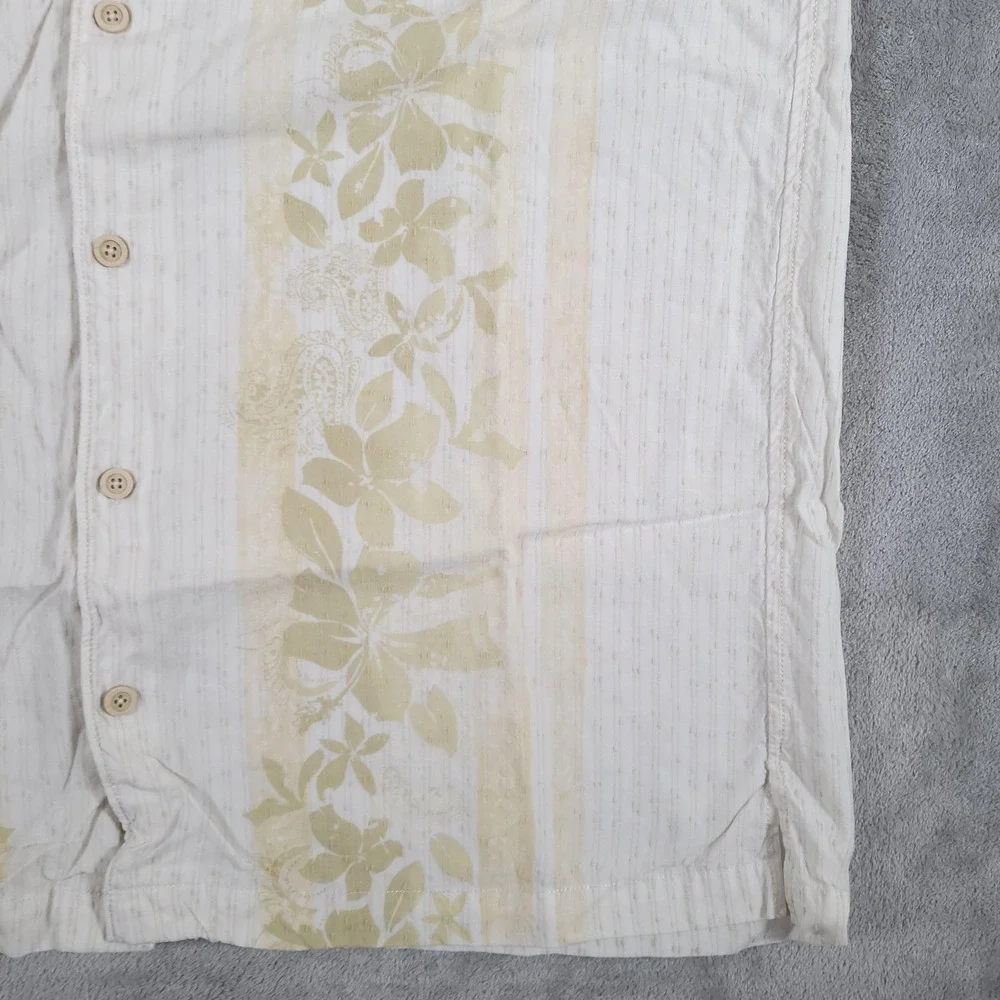 Tommy Bahama Shirt Mens Large White Beige Floral Hawaiian‎ Button Up Embroidered